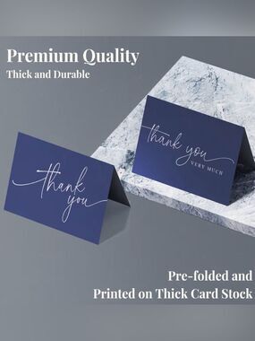 Navy Thank You Cards-White Script Pack Folded Notes 100 Plus Thank You Stickers